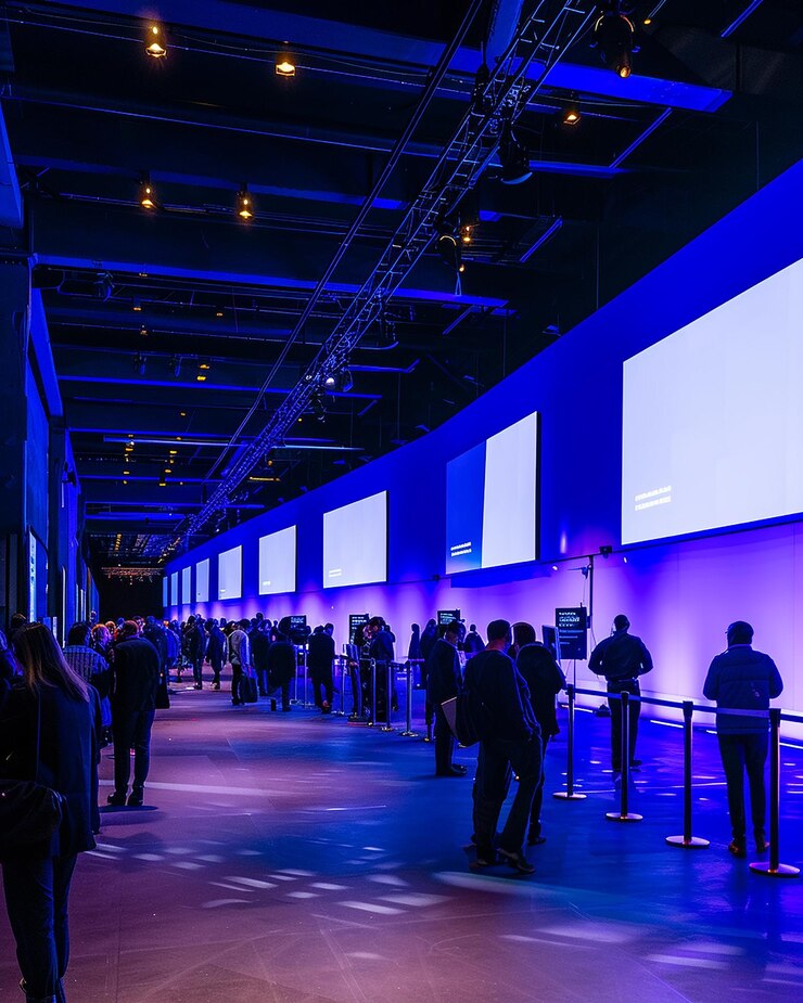 orang banyak berdiri di ruangan dengan layar biru